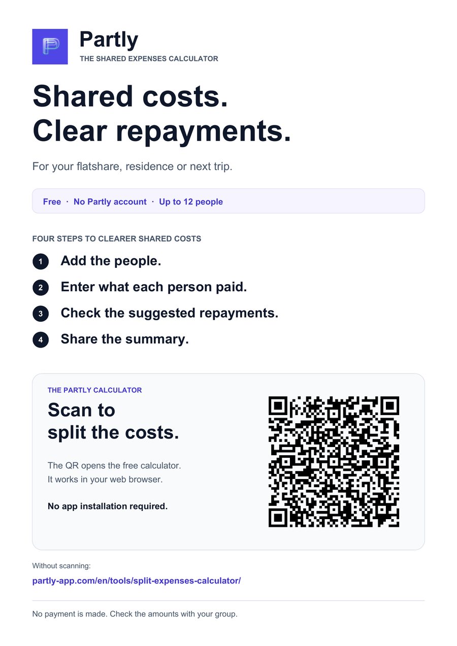 Preview of the English Partly poster with four steps, a QR and a link to the web calculator.