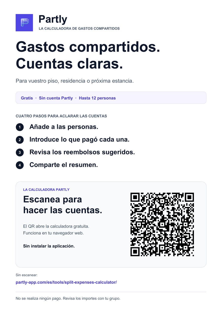 Vista del cartel Partly en español con cuatro pasos, un QR y un enlace a la calculadora web.