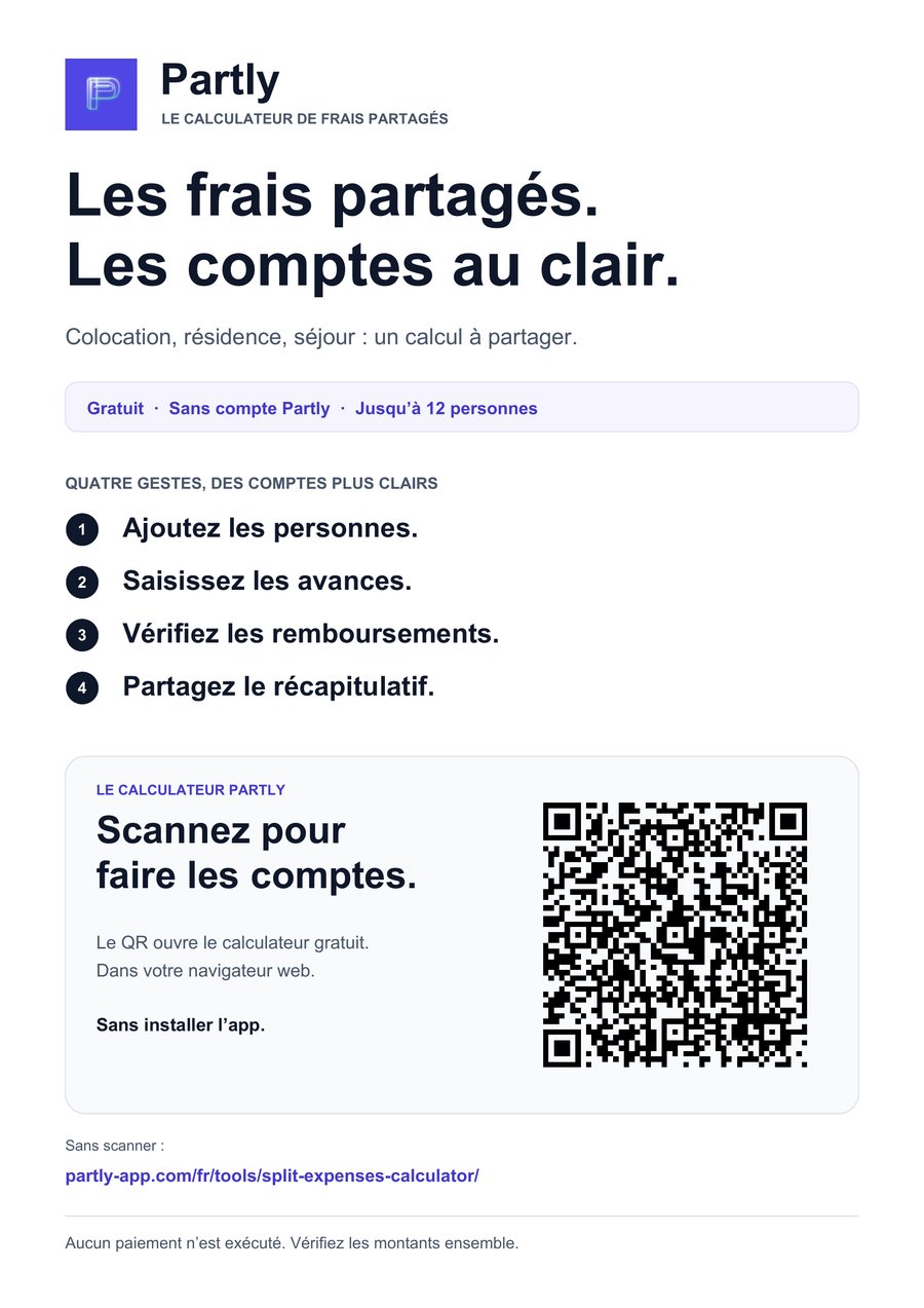 Aperçu de l’affiche Partly en français : quatre étapes, QR et lien vers le calculateur web.