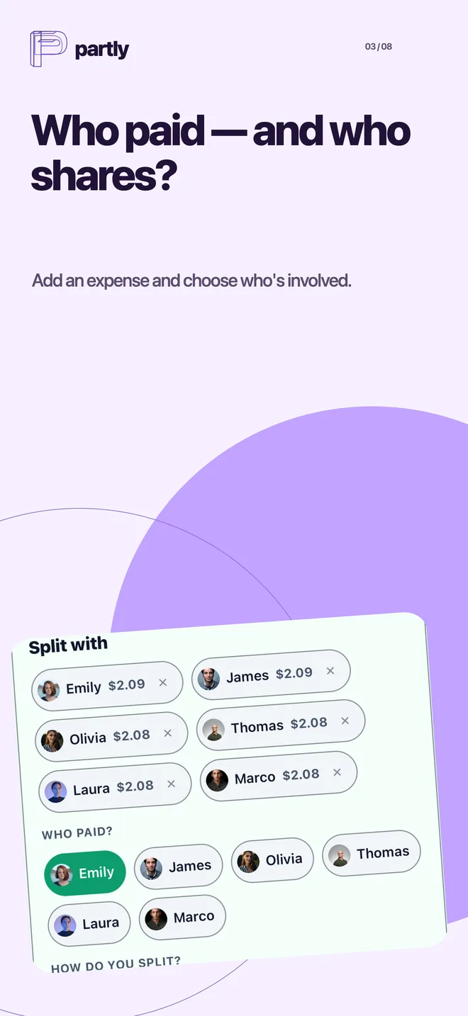 App screen showing the selected expense participants and who paid.