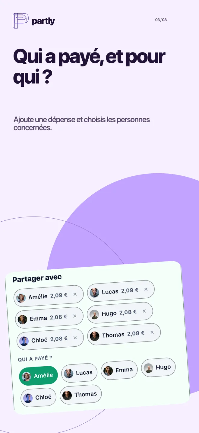 Écran de l’app : participants sélectionnés pour la dépense et choix de la personne qui a payé.