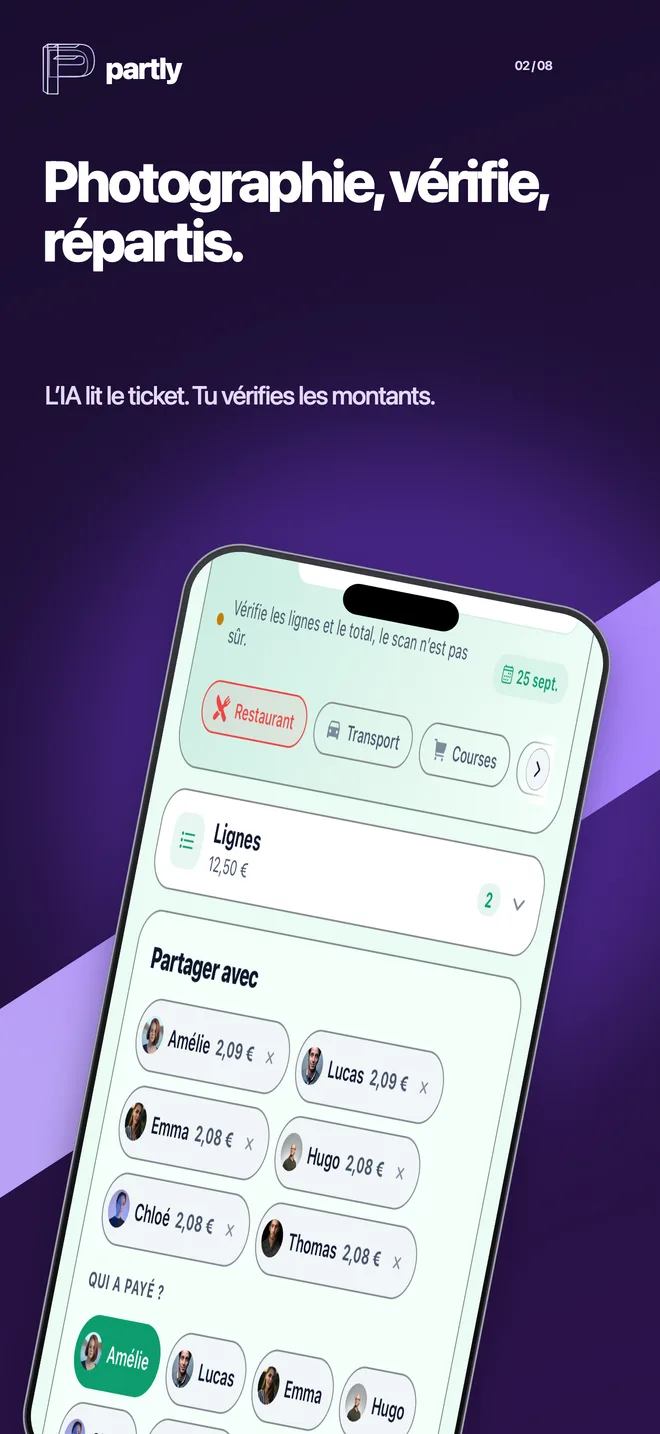 Écran de l’app : avertissement de vérification, section Lignes repliée et total du ticket.